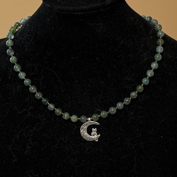 Genuine Gemstone Green Moss Agate Silver Cat on the Moon Beaded Short Necklace - Picture 3 of 13
